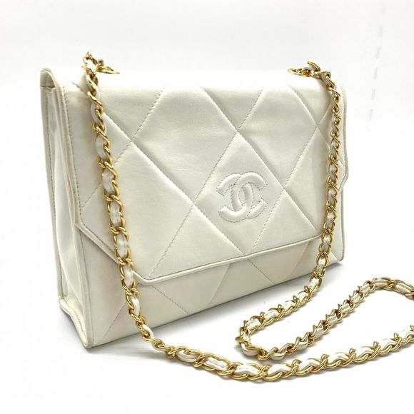 Chanel Lambskin Chain Shoulder Bag Gold Metal Fittings Here Mark Leather White - Picture 2 of 10